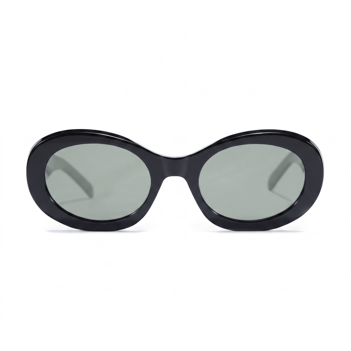 Oversized oval sunglasses with a glossy black frame and muted gray-green tinted lenses, shown against a plain white background.