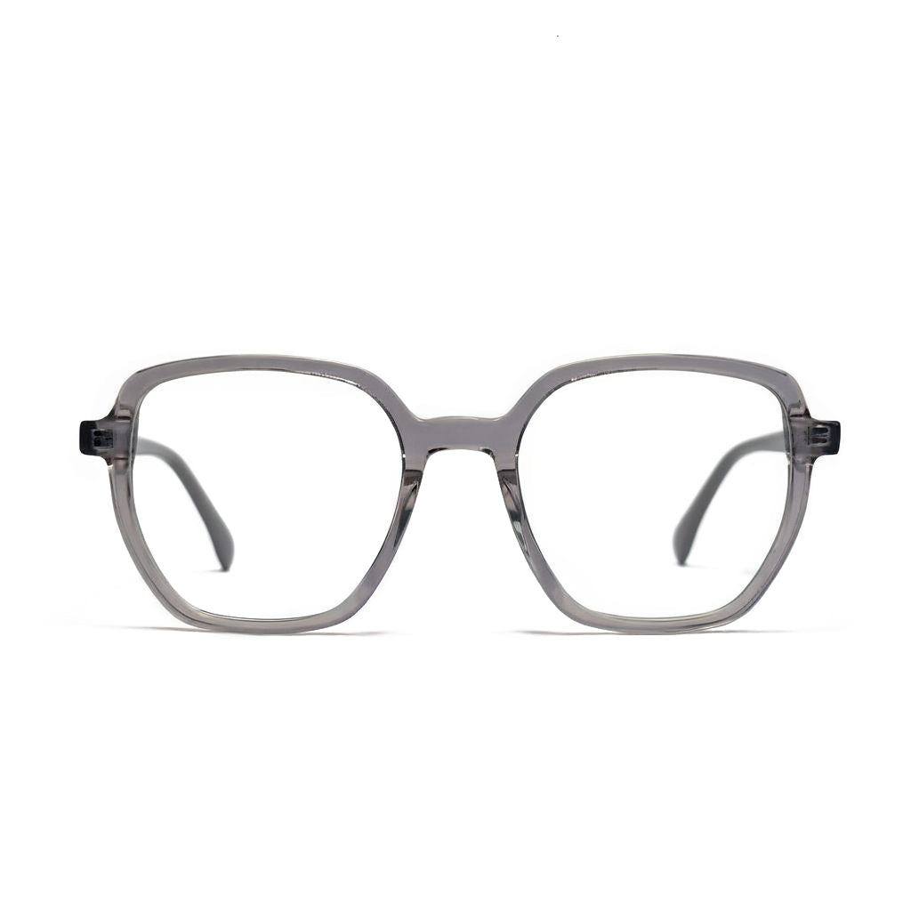 Gray eyeglasses on a white background
