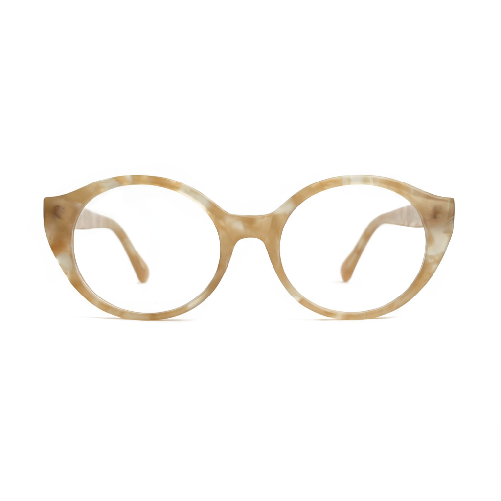 Round eyeglasses with a tortoiseshell pattern on a white background