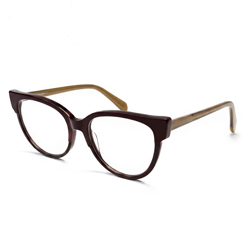 Pair of eyeglasses with a brown frame on a white background