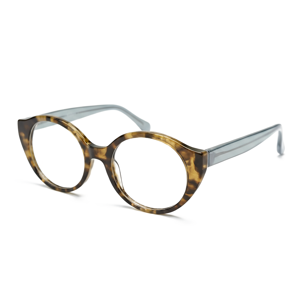 Eyeglasses with tortoiseshell frame and clear arms on a white background