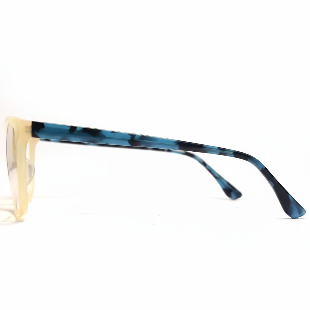 Sunglasses with blue and gold frame on a white background