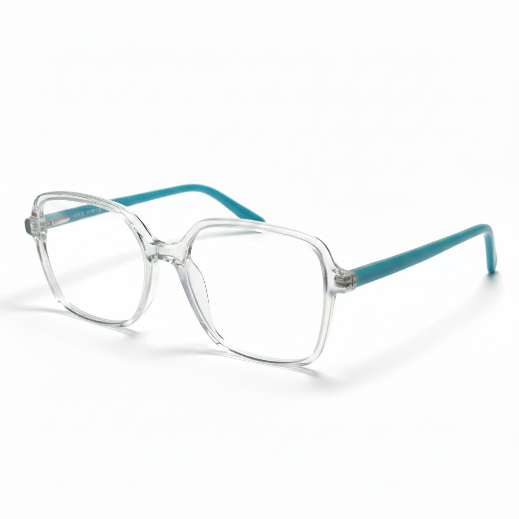 Clear eyeglasses with turquoise arms on a white background