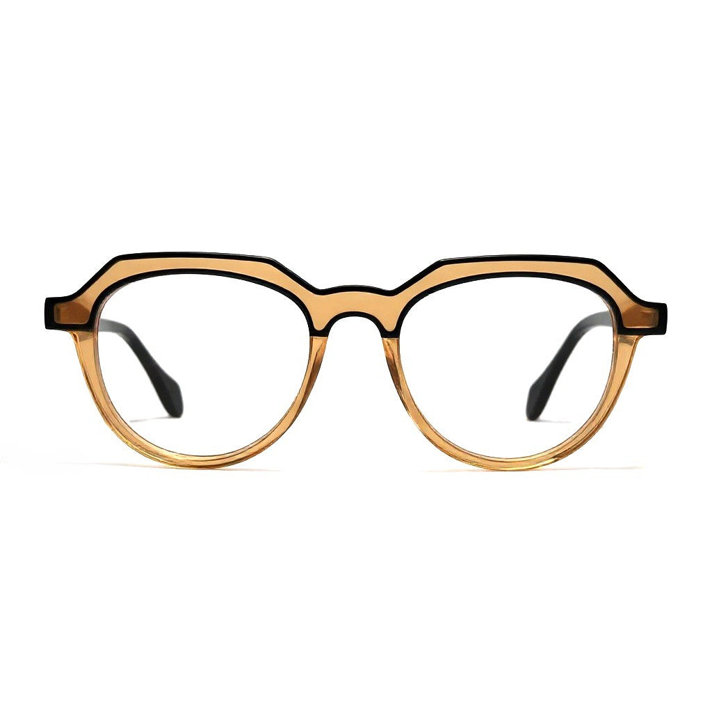 Round eyeglasses with a brown frame on a white background
