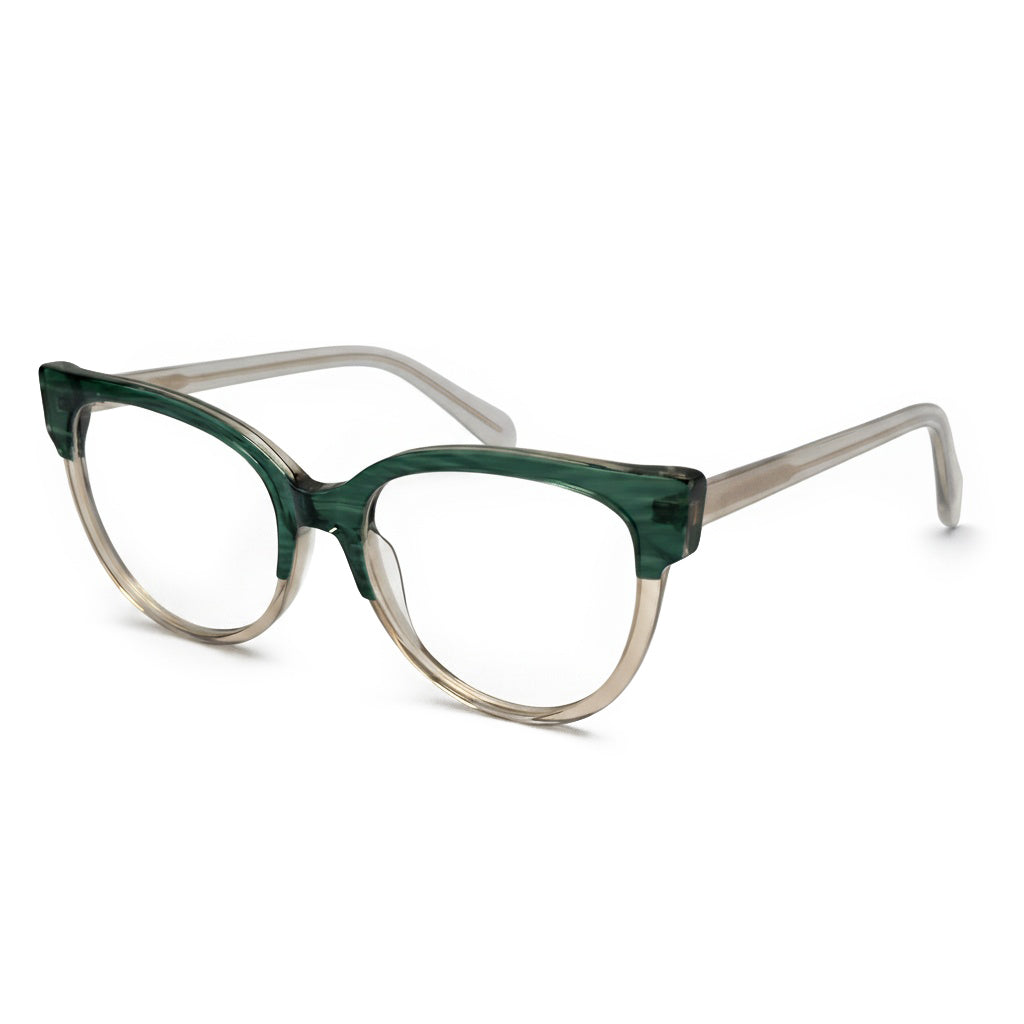 Green and beige eyeglasses on a white background