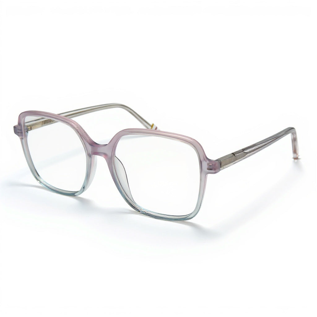 Eyeglasses with a pink and clear frame on a white background