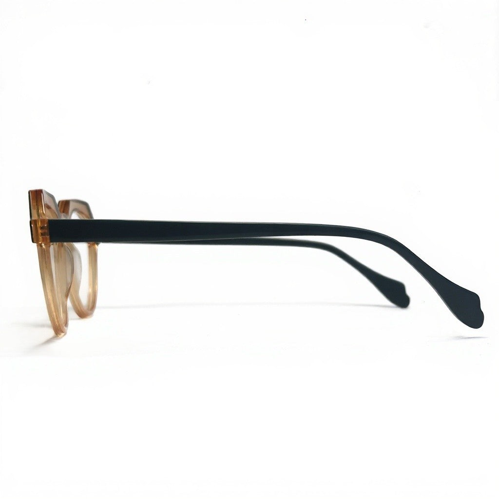 Eyeglasses with a black frame and brown-tinted lenses on a white background