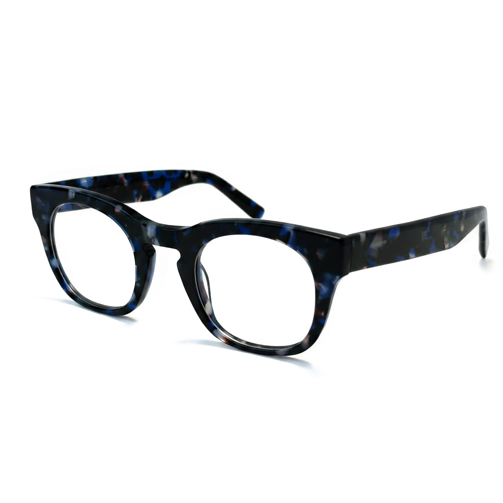 Blue tortoiseshell eyeglasses on a white background