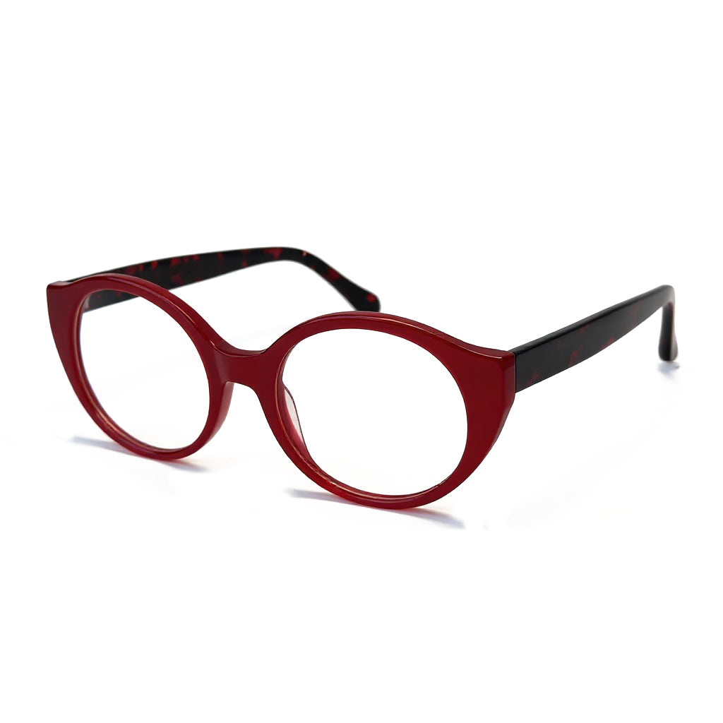 Red eyeglasses with black accents on a white background