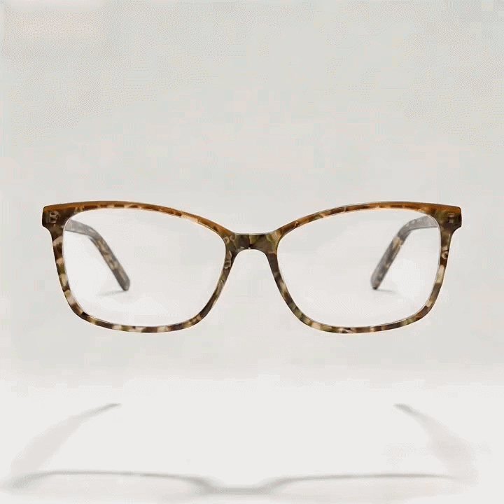 Brown tortoise square acetate eyeglasses frame, white studio background