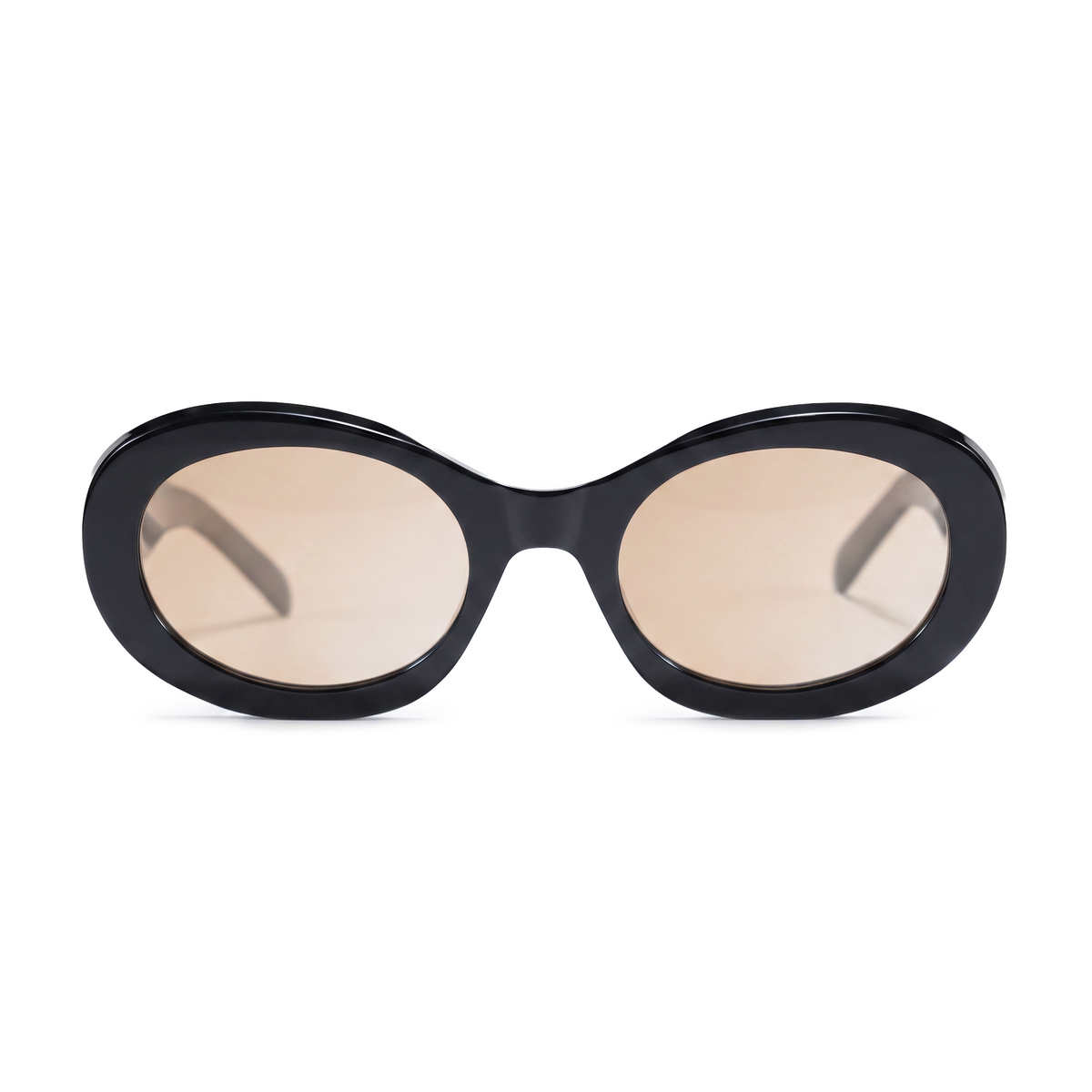 Oval sunglasses with a glossy black frame and light brown gradient lenses, shown against a plain white background.