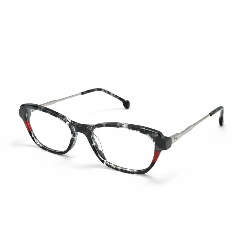 Cat-eye glasses with a black and red frame on a white background