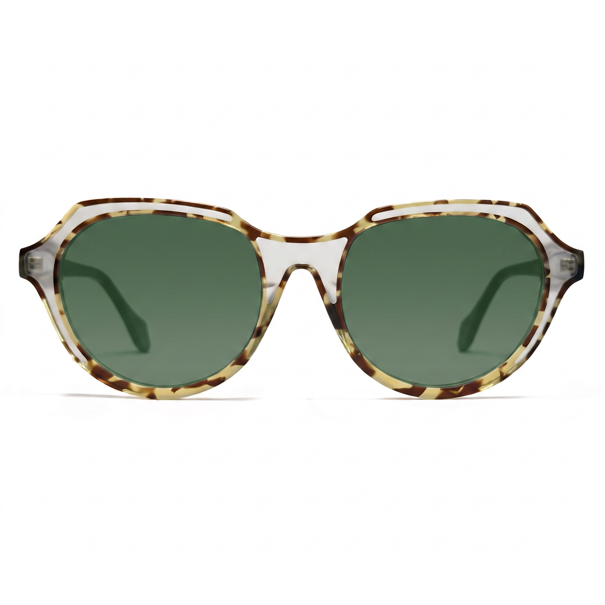 Oversized sunglasses with a translucent tortoiseshell frame and green-tinted lenses, shown against a plain white background.