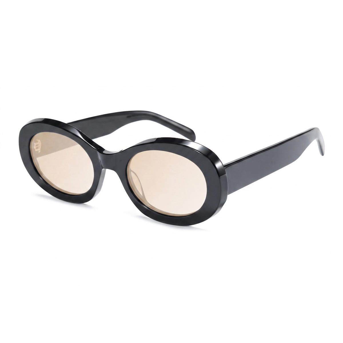 Oval sunglasses with a glossy black frame and light beige-tinted lenses, shown on a clean white background.
