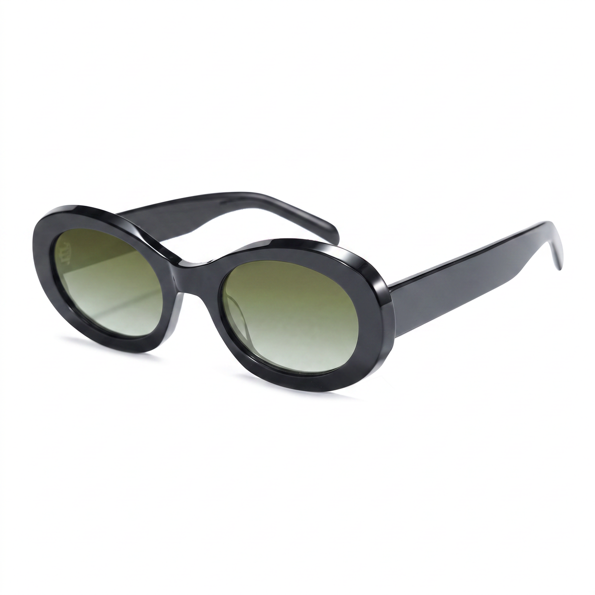 Oval sunglasses with a glossy black frame and gradient green lenses, shown from a three-quarters angle on a white background.