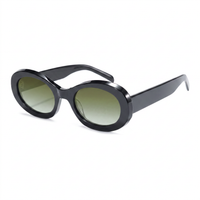 Oval sunglasses with a glossy black frame and gradient green lenses, shown from a three-quarters angle on a white background.