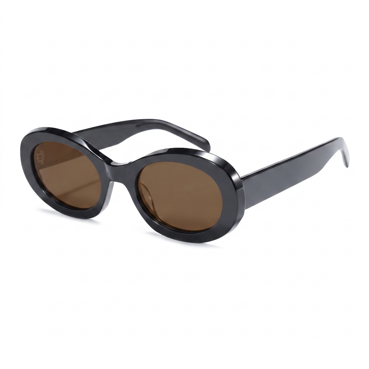 Oval sunglasses with a glossy black frame and brown tinted lenses, shown from a three-quarters angle on a white background.