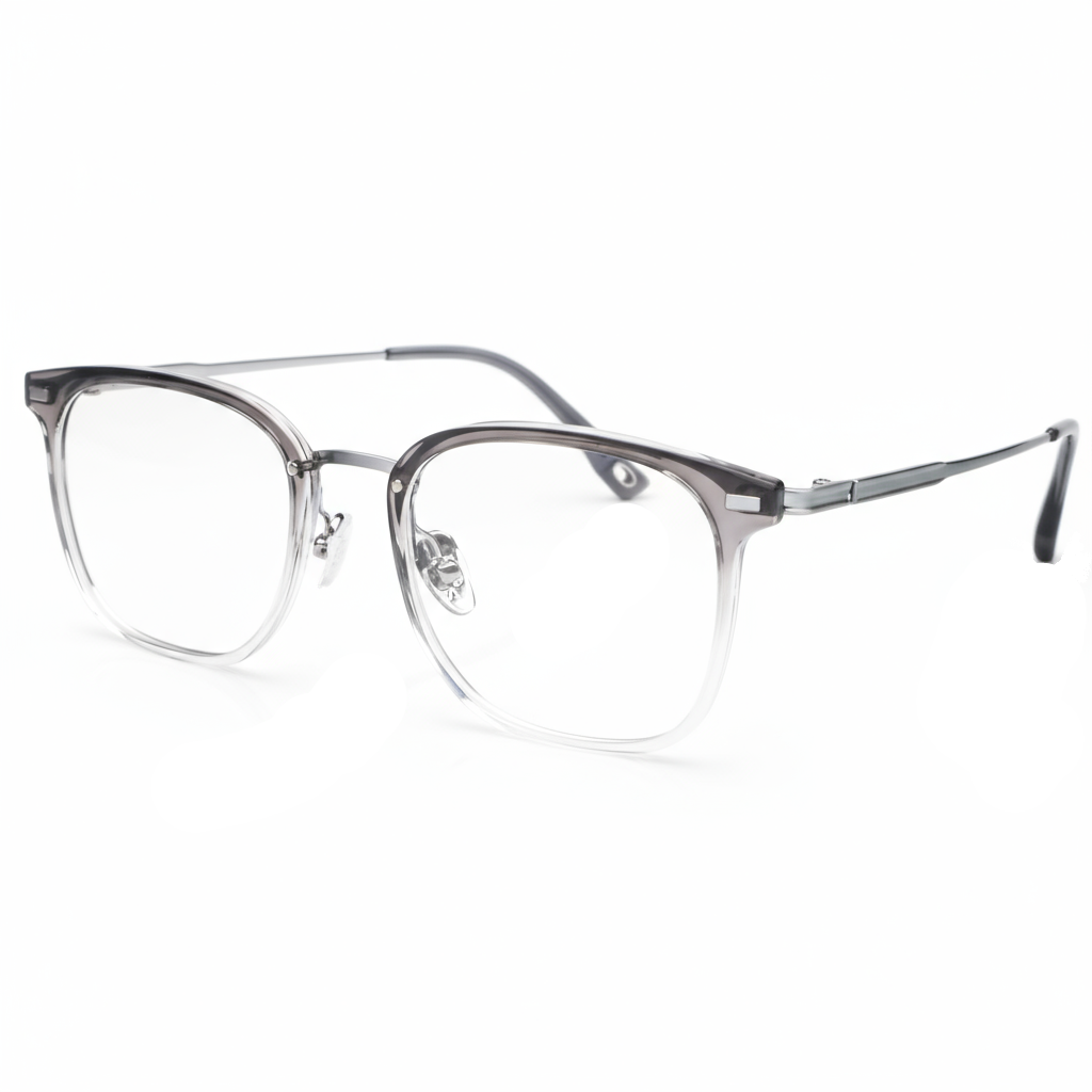 Pair of eyeglasses with a metallic frame on a white background