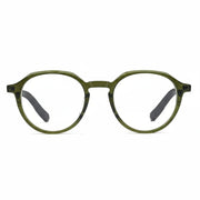 Green eyeglasses with black temple tips on a white background