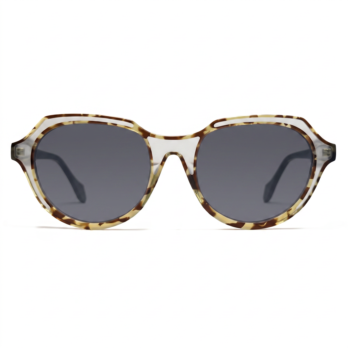 Oversized sunglasses with a translucent tortoiseshell frame in brown and beige tones, paired with dark gray lenses, shown against a plain white background.