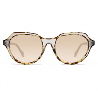 Oversized sunglasses with a translucent tortoiseshell frame in brown and beige tones, paired with light beige-tinted lenses, shown against a plain white background.