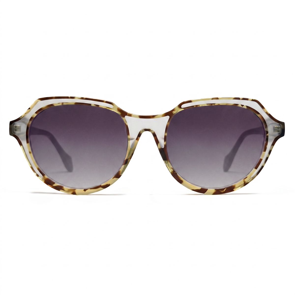 Oversized sunglasses with a translucent tortoiseshell frame and dark gradient lenses, shown against a plain white background.