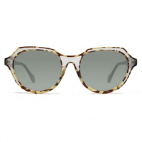 Oversized sunglasses with a translucent tortoiseshell frame in brown and beige tones, featuring light gray lenses.