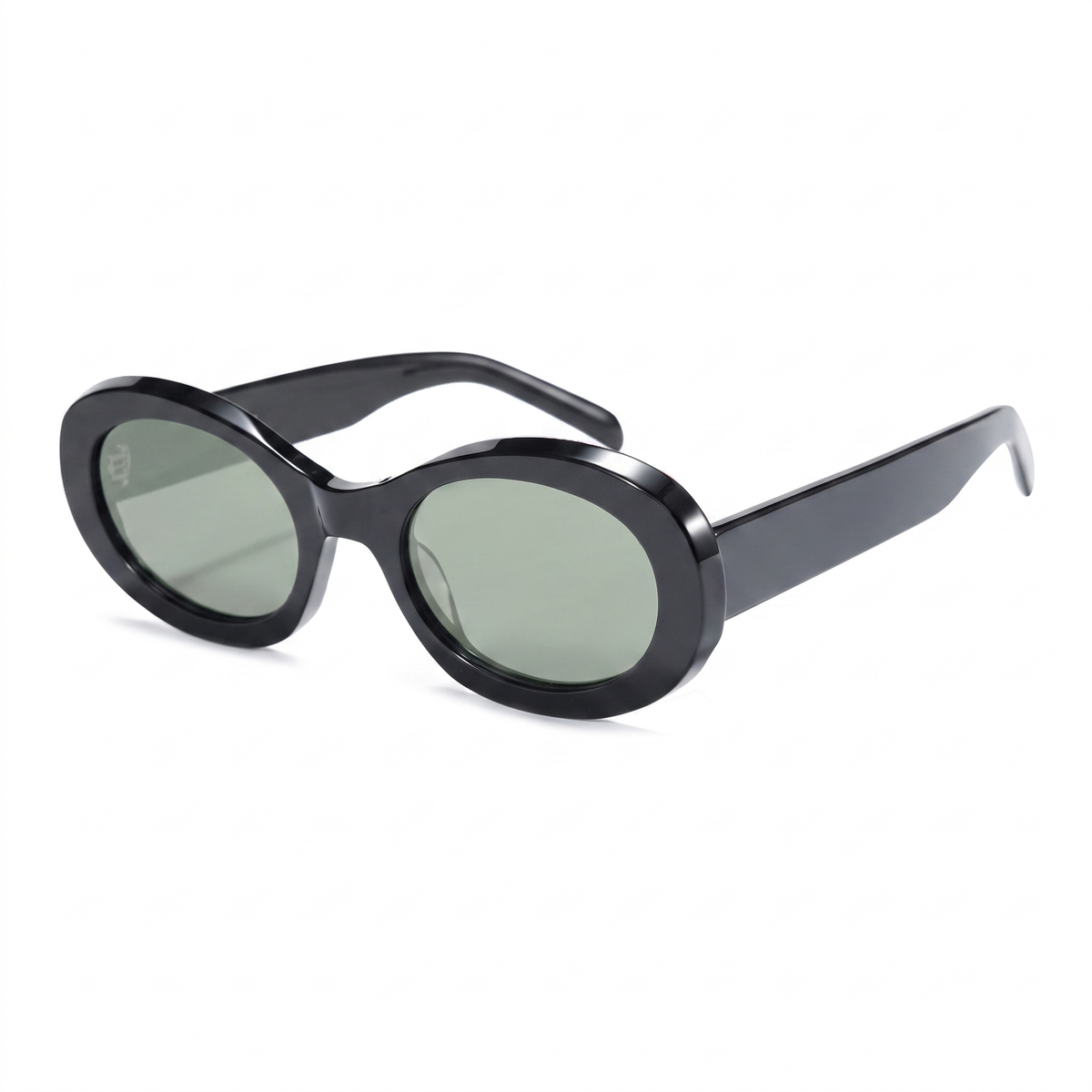 Oval sunglasses with a glossy black frame and muted green-gray tinted lenses, shown at a three-quarter angle on a plain white background.