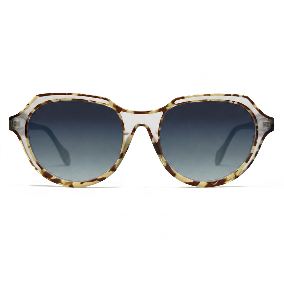 Oversized sunglasses with a translucent tortoiseshell frame and dark gray gradient lenses, shown against a plain white background.