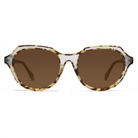 Oversized sunglasses with a translucent tortoiseshell frame in brown and beige tones, paired with dark brown lenses, shown against a plain white background.