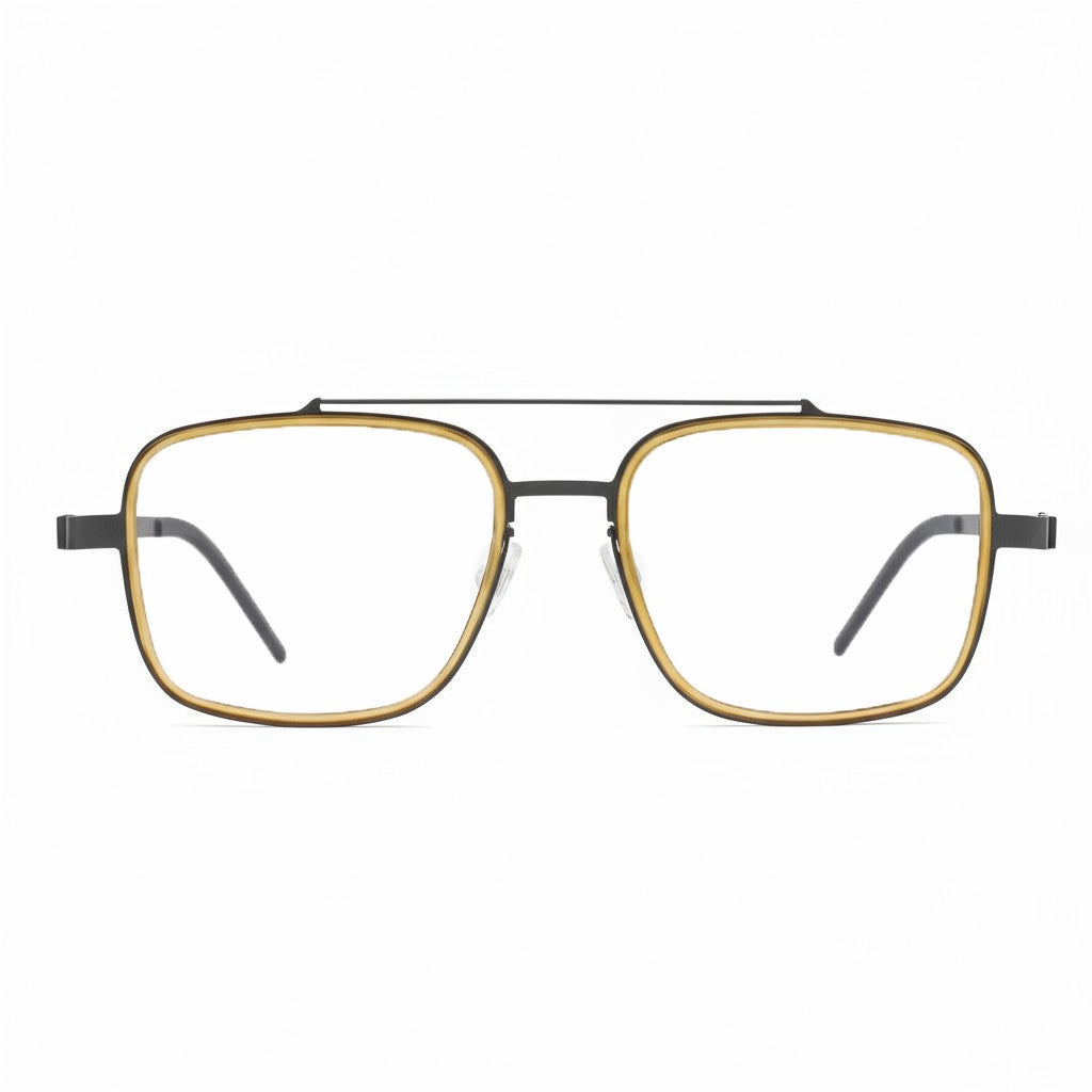 Gold and black eyeglasses on a white background