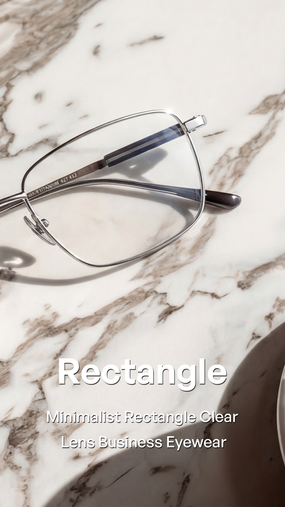 A pair of minimalist rectangle-shaped clear lens business eyeglasses with a thin silver metal frame, resting on a white and gray marble surface. White text overlay reads 'Rectangle Minimalist Rectangle Clear Lens Business Eyewear'.