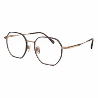 Eyeglasses with a gold and black frame on a white background