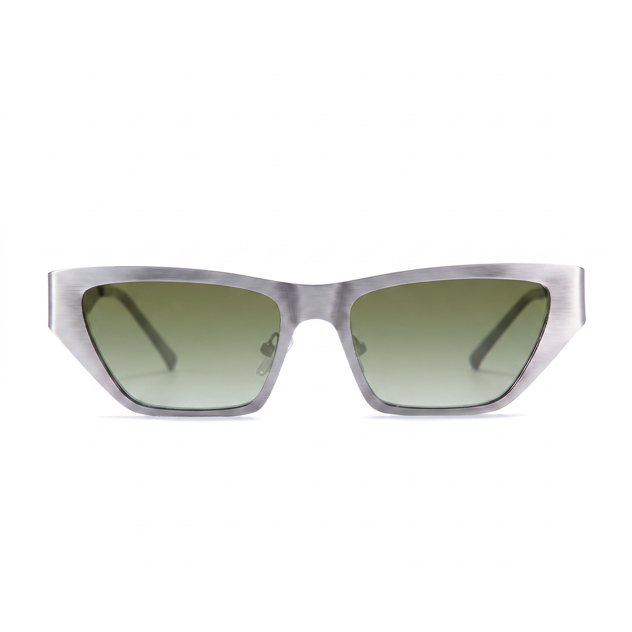 A pair of angular cat-eye sunglasses with a translucent smoky gray acetate frame and gradient green lenses, shown against a plain white background.