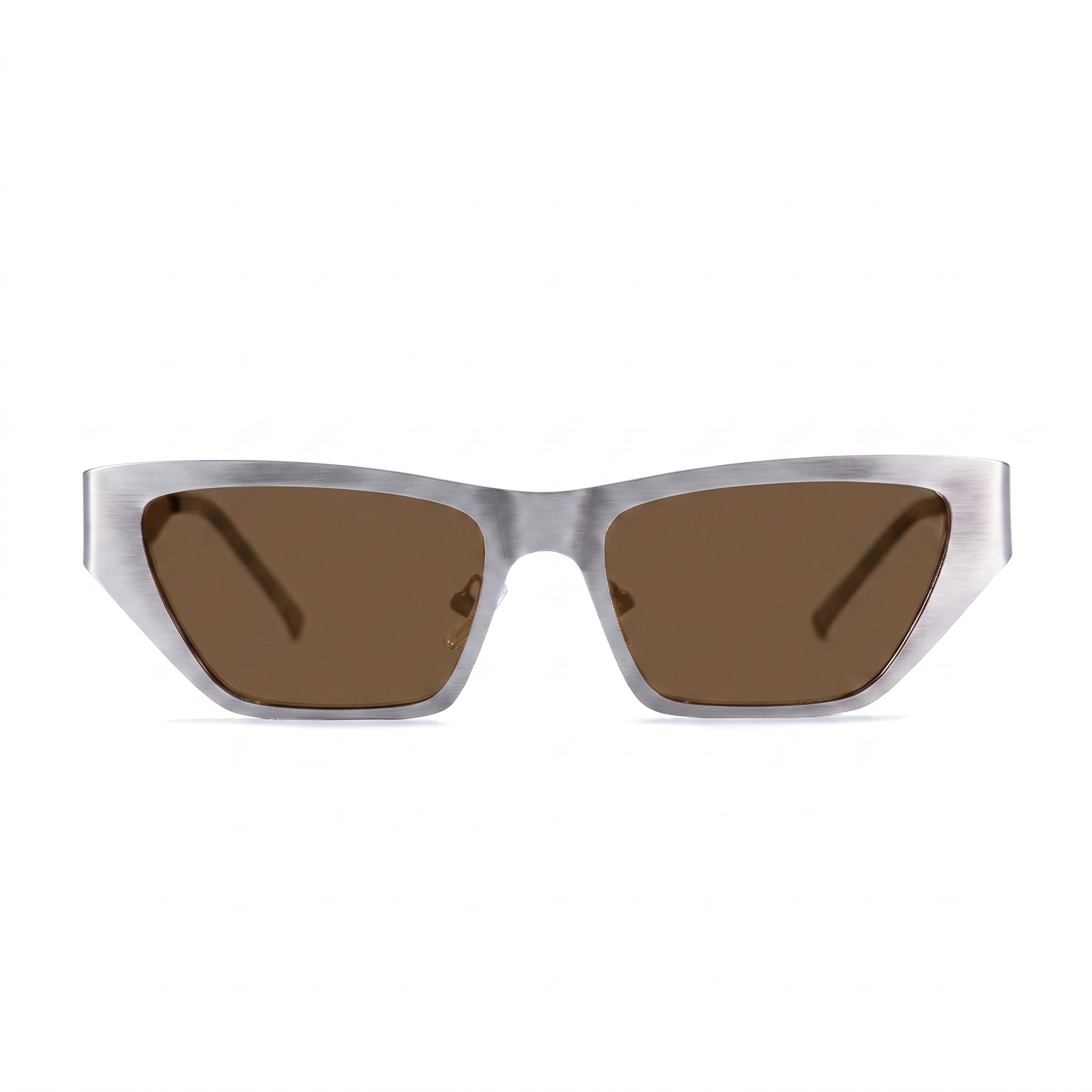 Cat-eye sunglasses with a brushed silver metal frame and brown tinted lenses, shown against a plain white background.