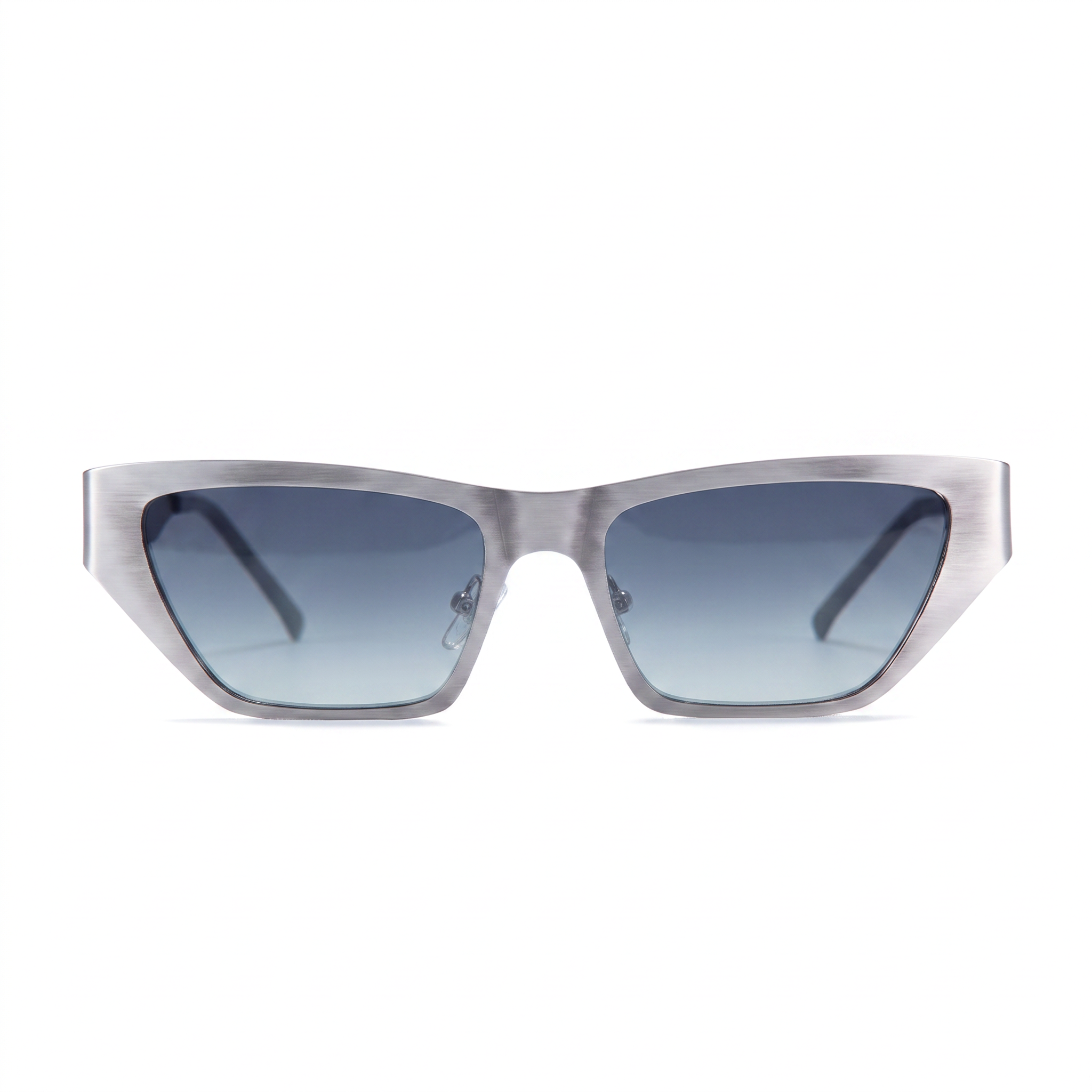 A pair of angular cat-eye sunglasses with a translucent gray acetate frame and gradient blue-gray lenses, shown against a plain white background.