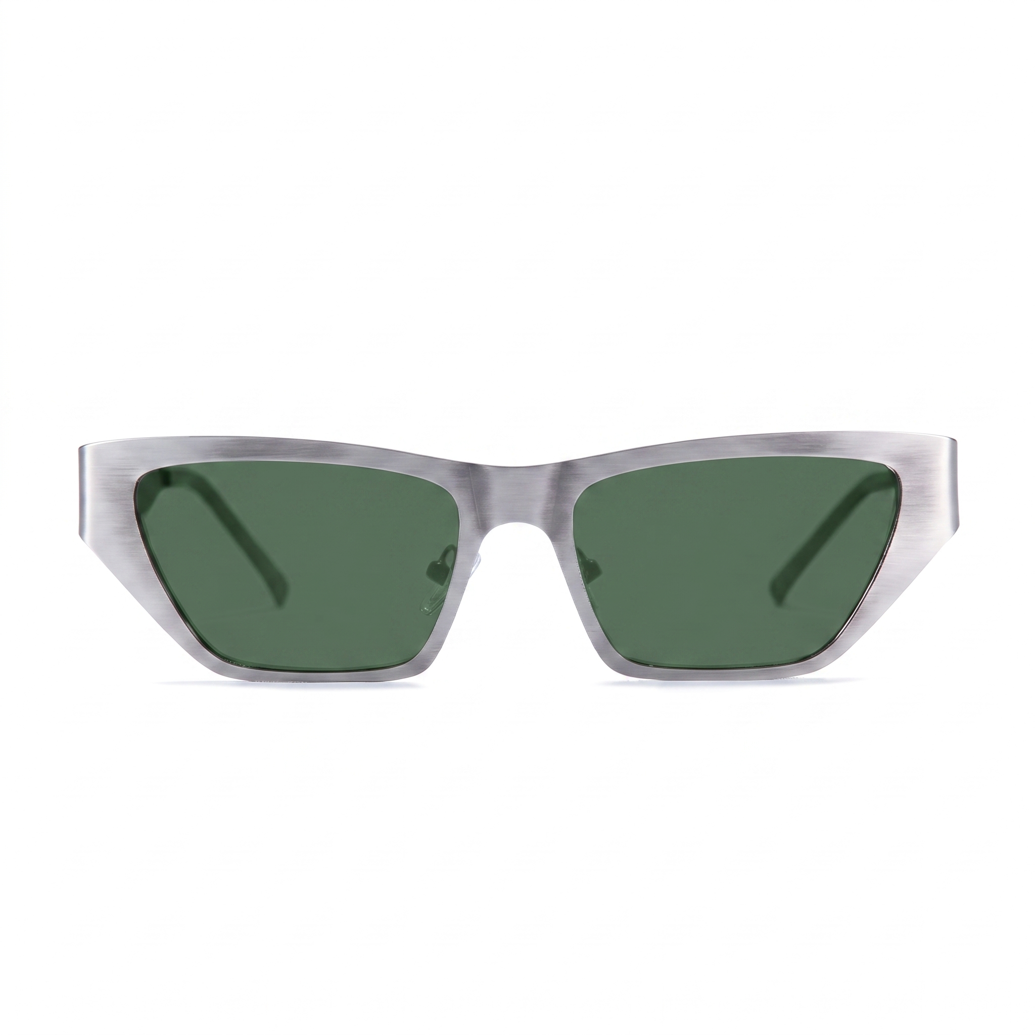 A pair of angular cat-eye sunglasses with a textured silver acetate frame and dark green lenses, shown against a plain white background.