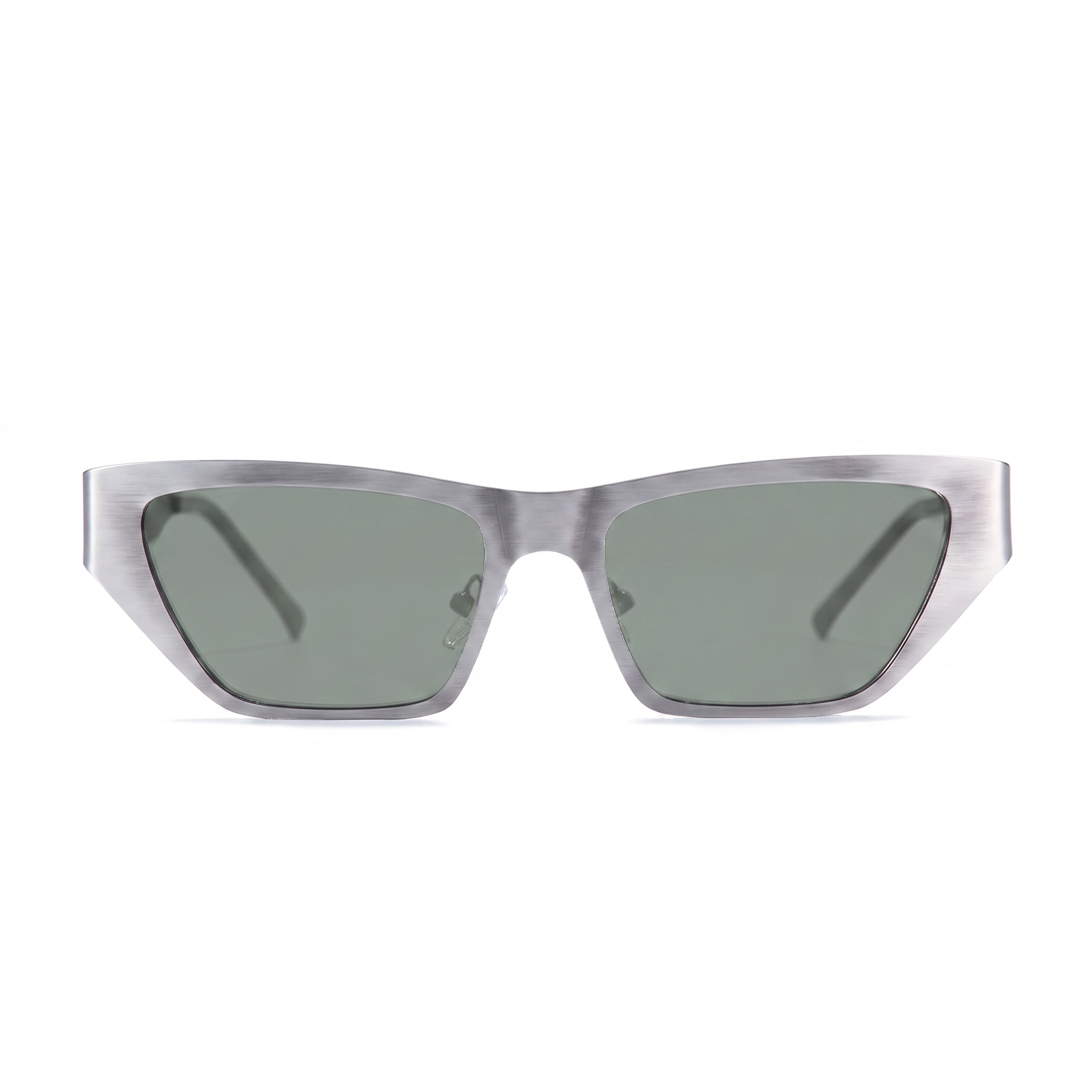A pair of angular cat-eye sunglasses with a textured silver acetate frame and muted green-gray lenses, shown against a plain white background.