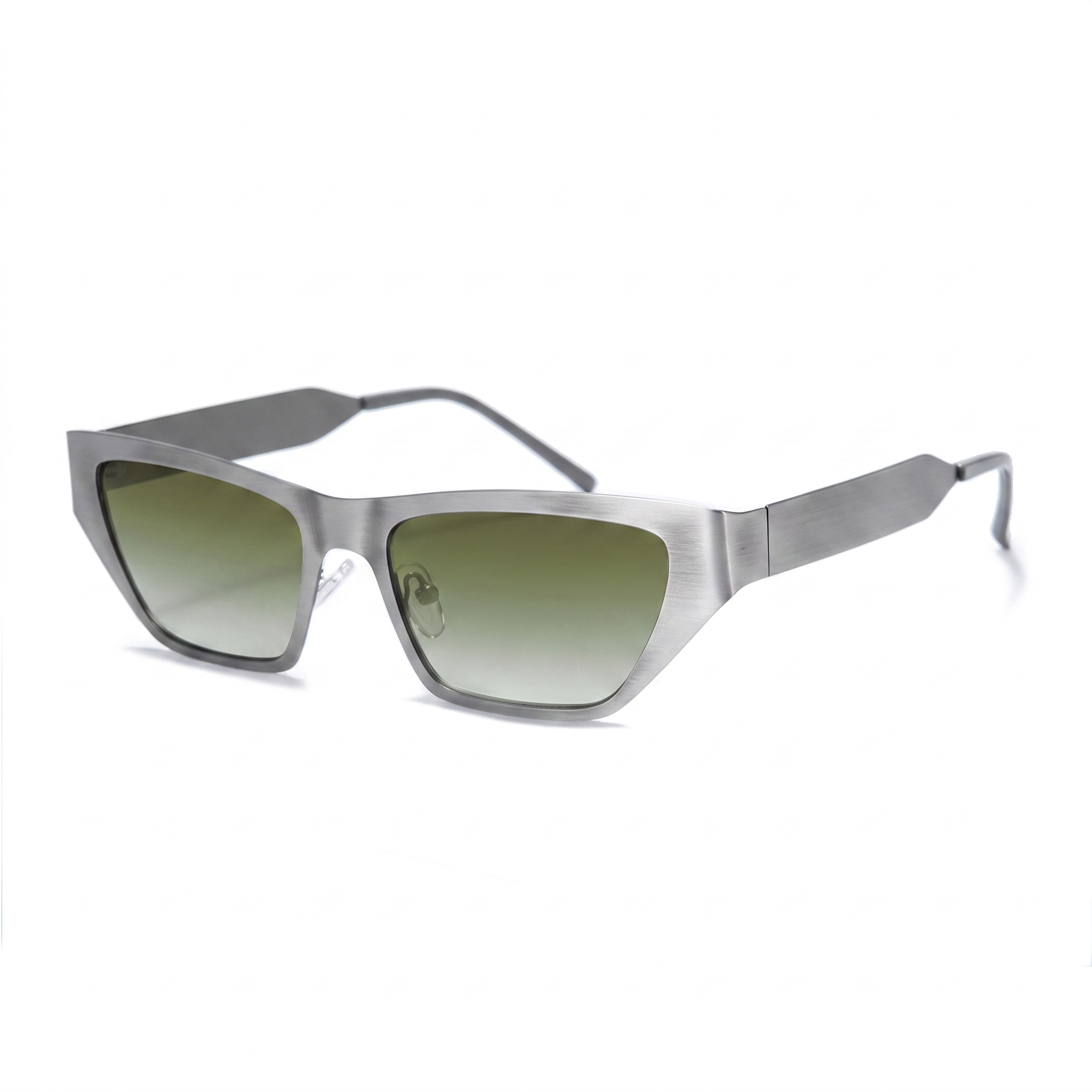 A pair of angular cat-eye sunglasses with a brushed silver metal frame and green gradient lenses, shown on a clean white background.