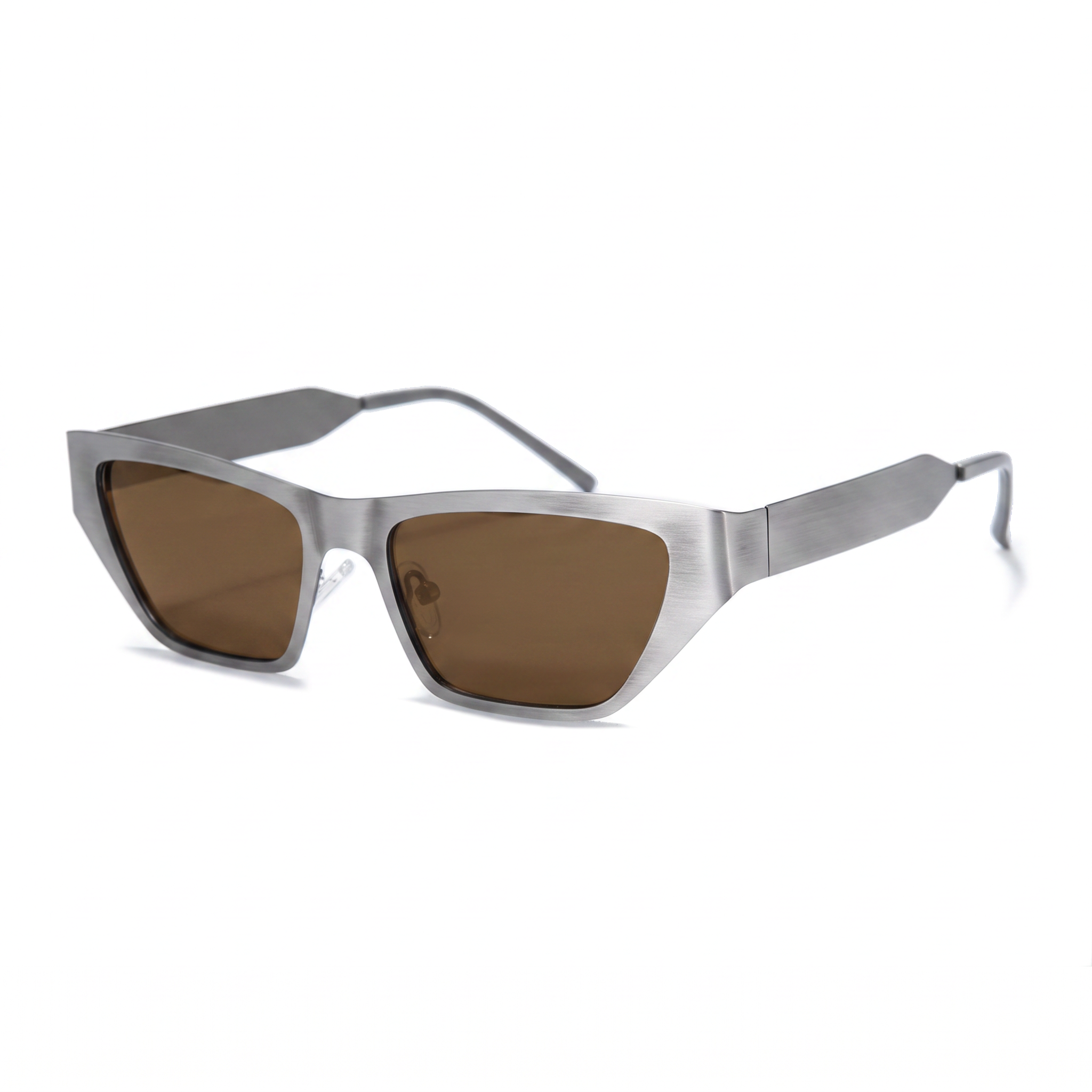 A pair of angular cat-eye sunglasses with a brushed silver metal frame and brown tinted lenses, shown on a clean white background.