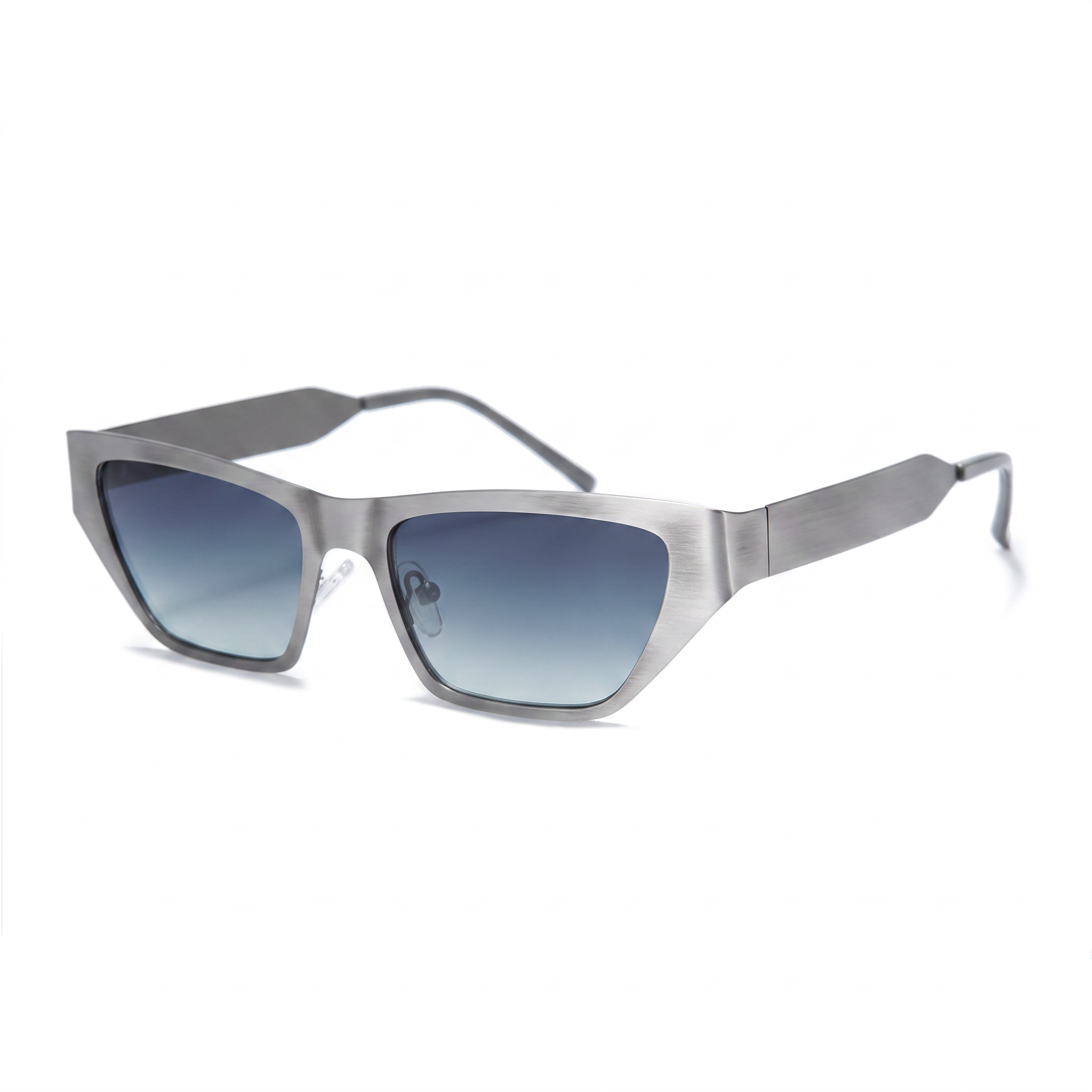 A pair of angular cat-eye sunglasses with a brushed silver metal frame and blue gradient lenses, shown on a clean white background.