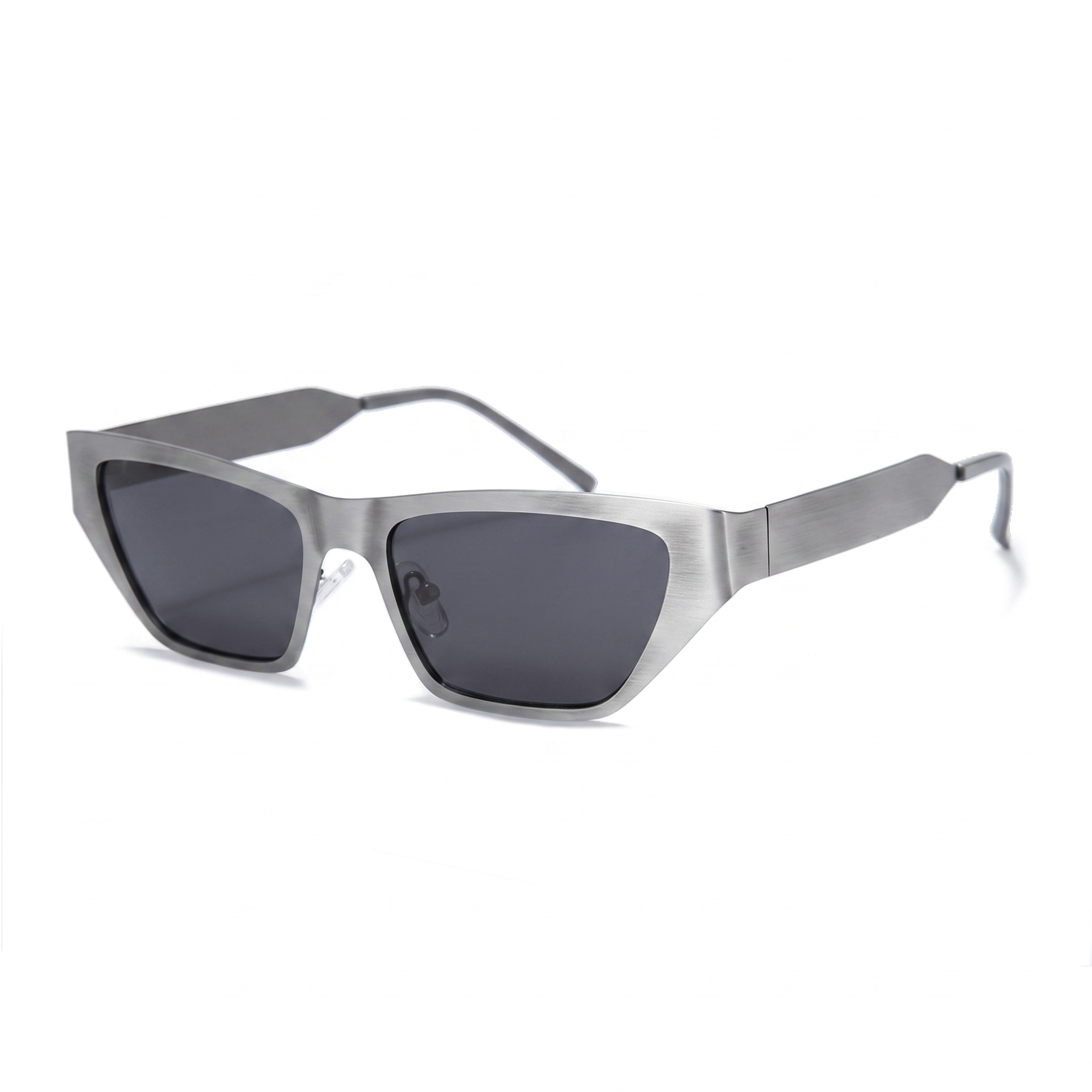 A pair of angular cat-eye sunglasses with a brushed silver metal frame and dark gray lenses, shown on a clean white background.