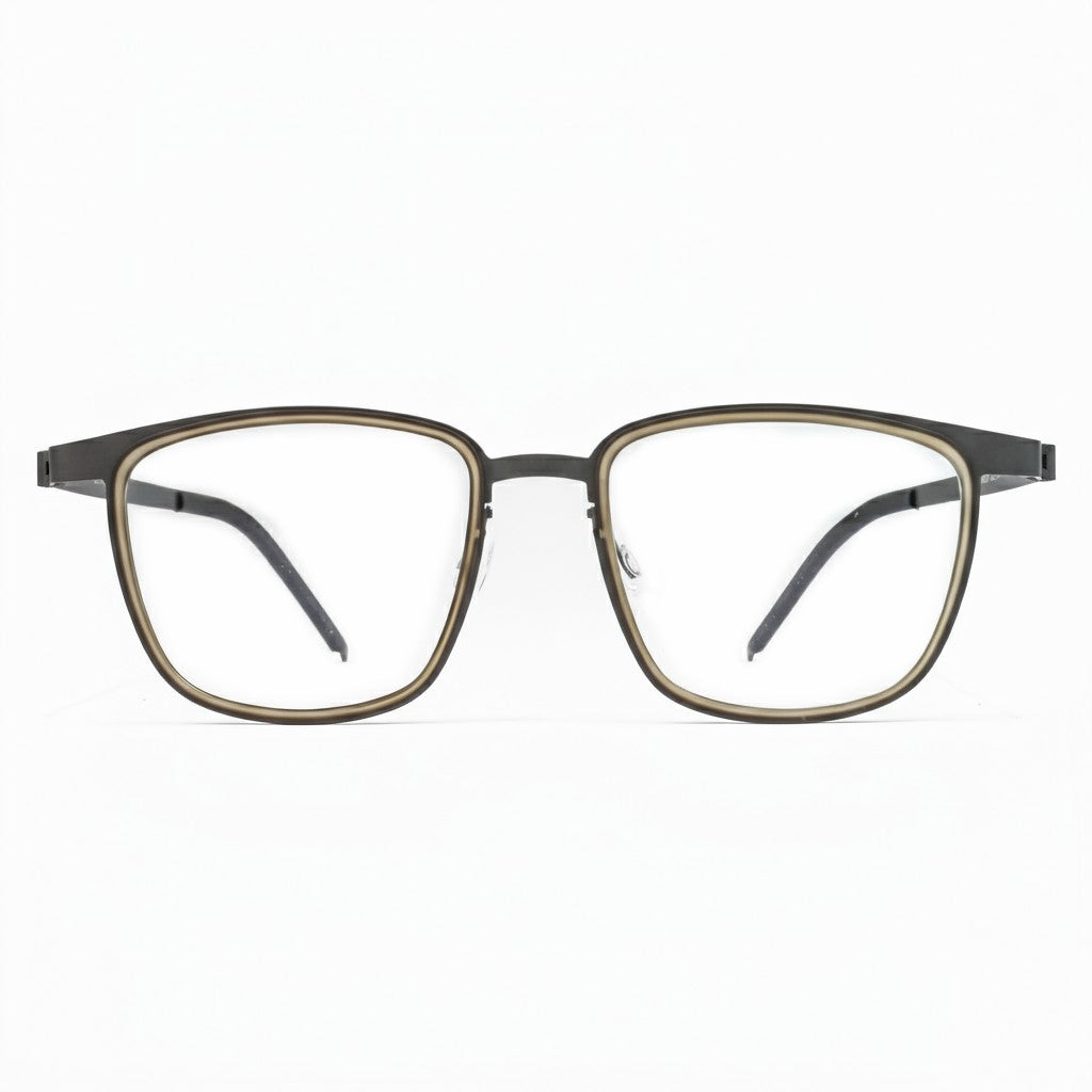 Pair of eyeglasses with a gold frame on a white background
