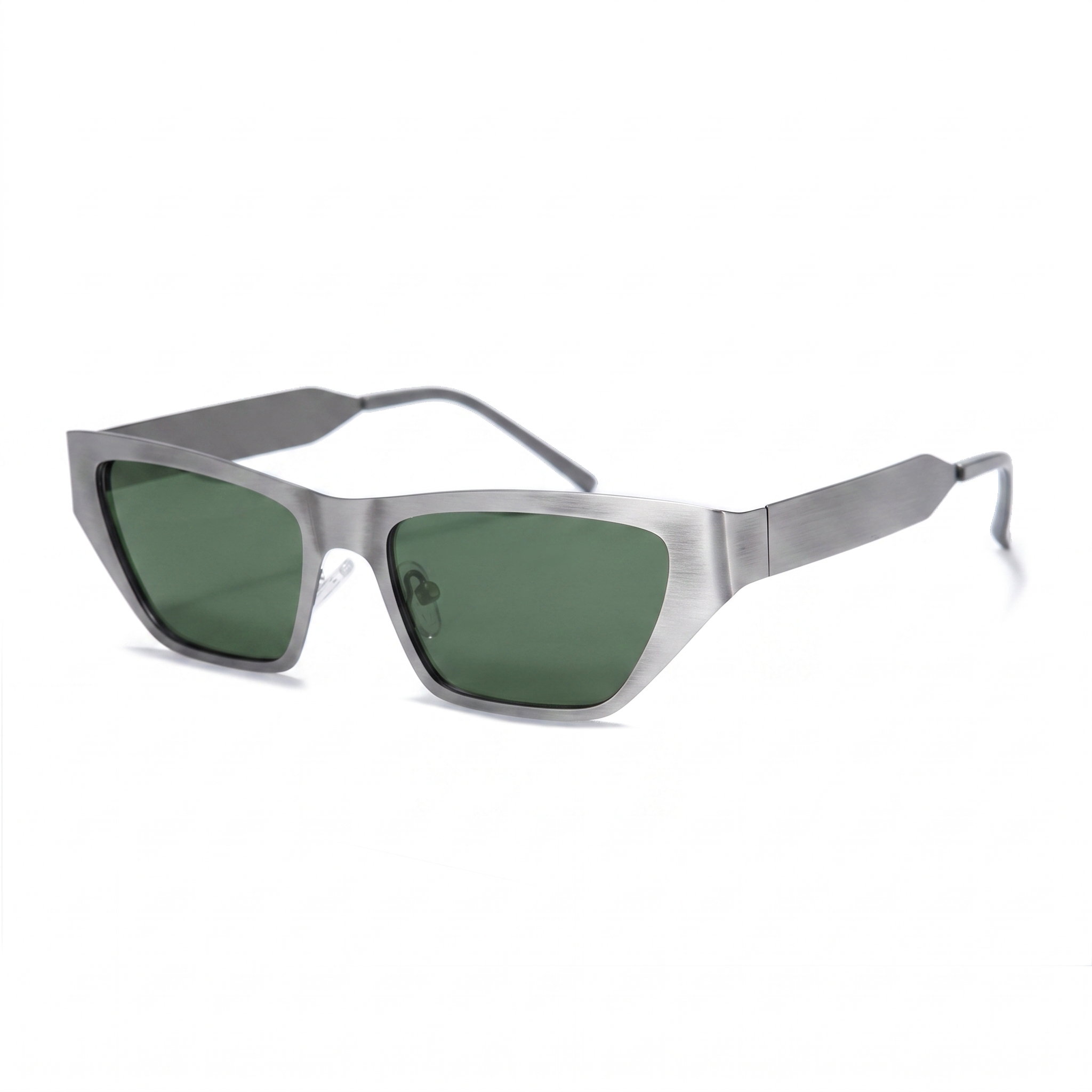 A pair of angular sunglasses with a brushed silver metal frame and dark green lenses, shown on a clean white background.