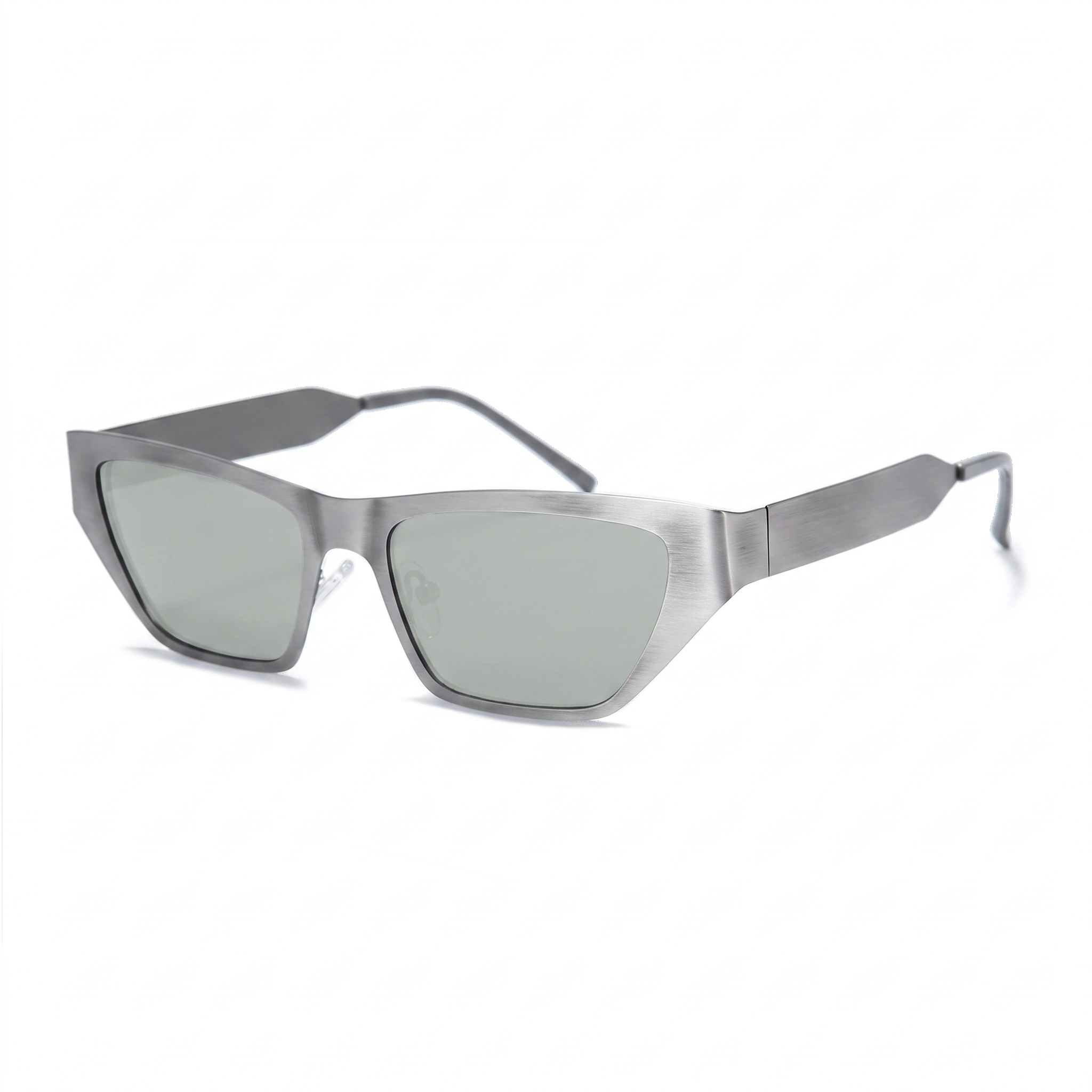 A pair of angular cat-eye sunglasses with a brushed silver metal frame and light gray-green tinted lenses, shown on a clean white background.