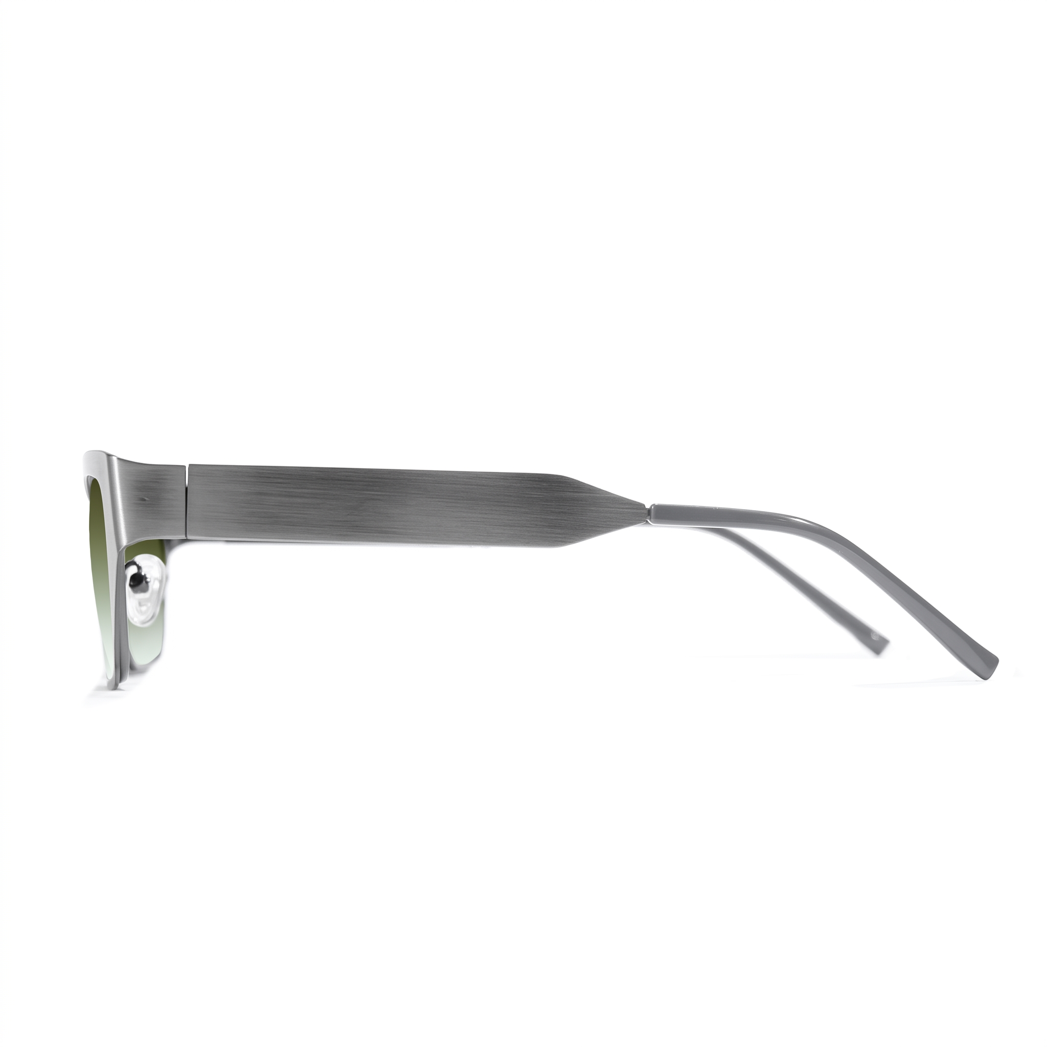 A pair of sunglasses with a brushed silver metal frame and temples, shown in a side profile view against a solid white background.