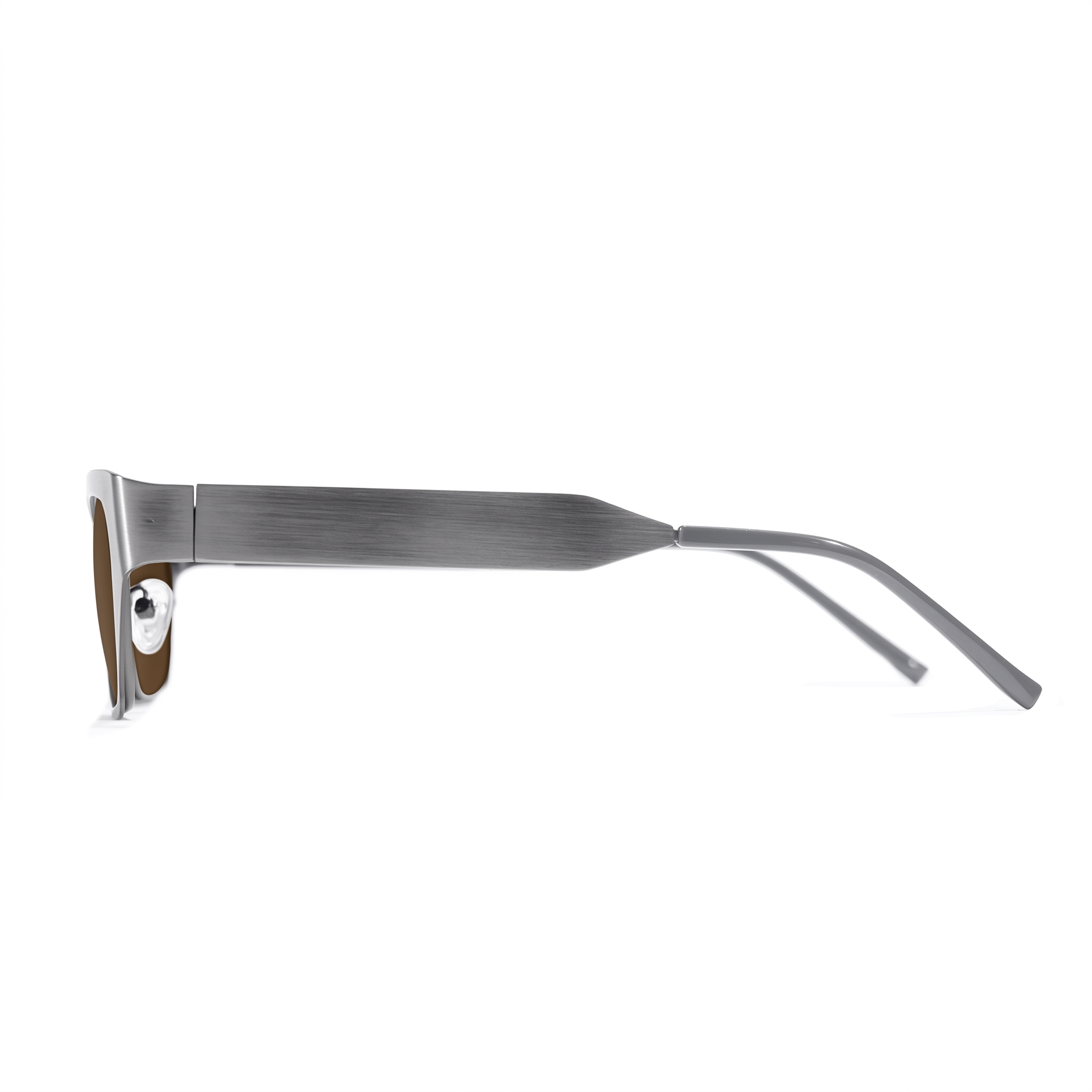 A pair of sunglasses shown in side profile on a plain white background. The frames are made of brushed silver metal with a small round silver accent near the temple, and the temples are also silver.