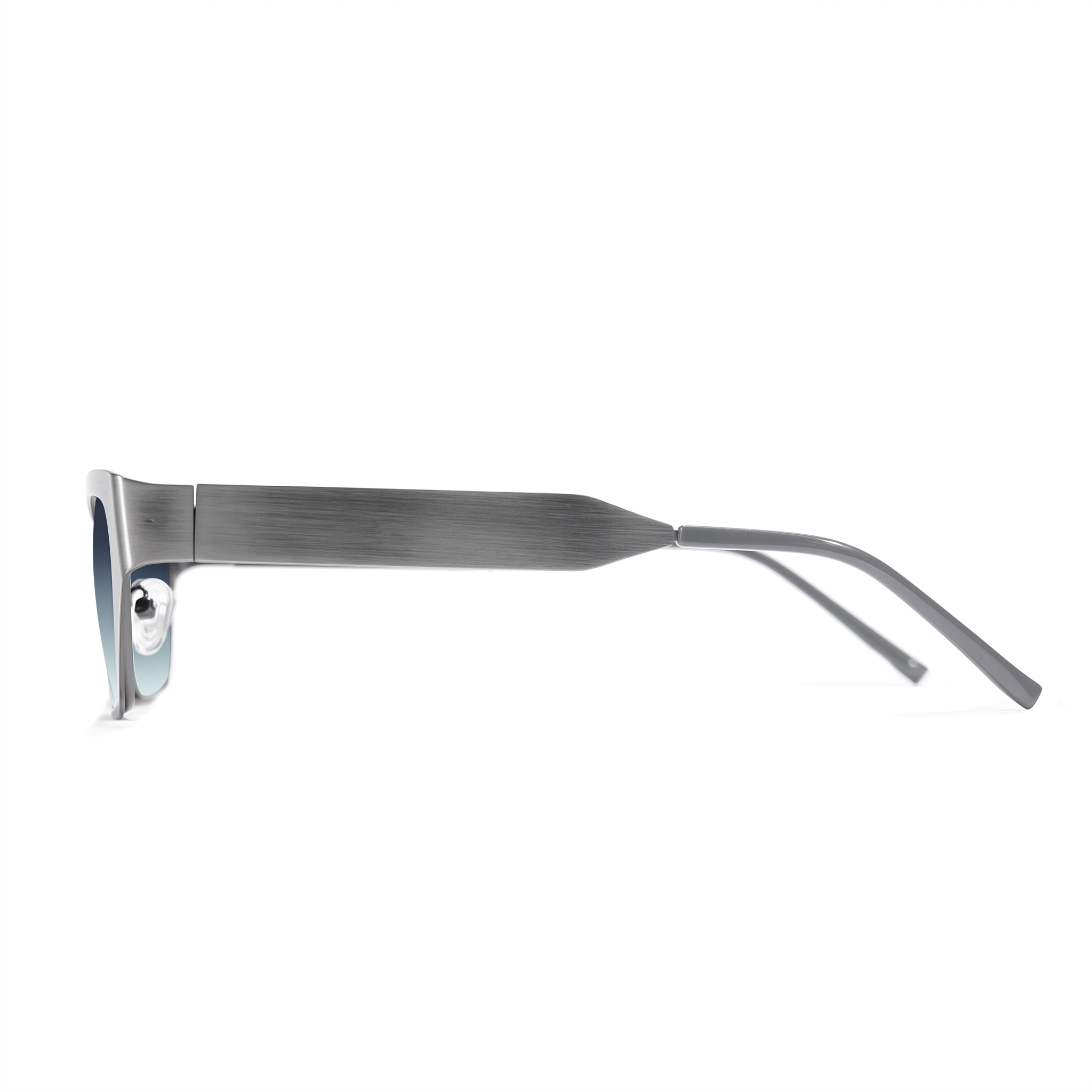 A pair of sunglasses with a brushed silver metal frame and matching silver temples, shown in a side profile view against a plain white background.