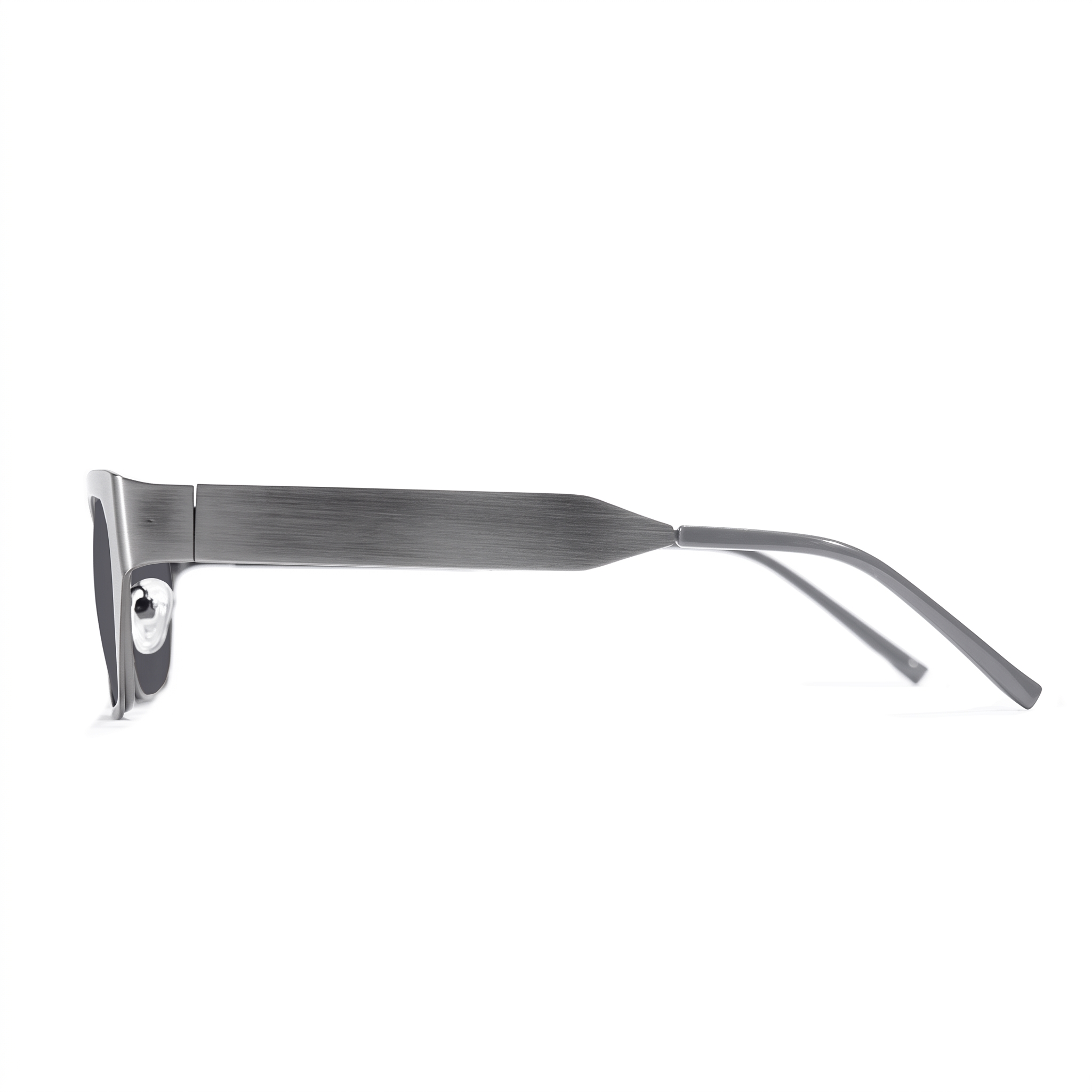 A pair of sunglasses shown in side profile on a plain white background. The frames are made of brushed silver metal with a small round silver accent near the temple, and the temples are also silver.