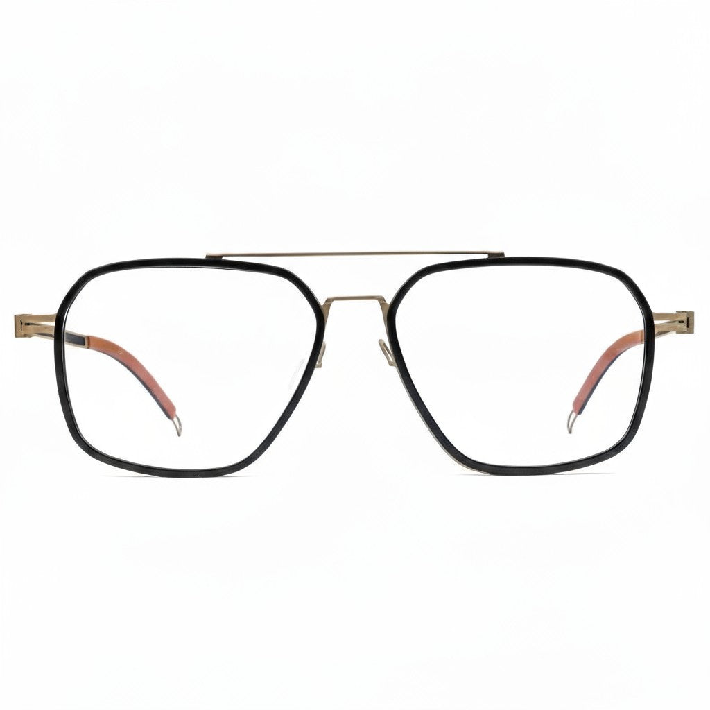 Black and gold eyeglasses on a white background